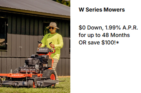 Read more about the article W Series Mowers – $0 Down, 1.99% A.P.R. for up to 48 Months OR save $100!* – Agricultural Mowers